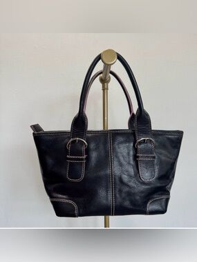Nordstrom Black Leather Pink Stitching Double Handle Small Handbag Purse Mod‎